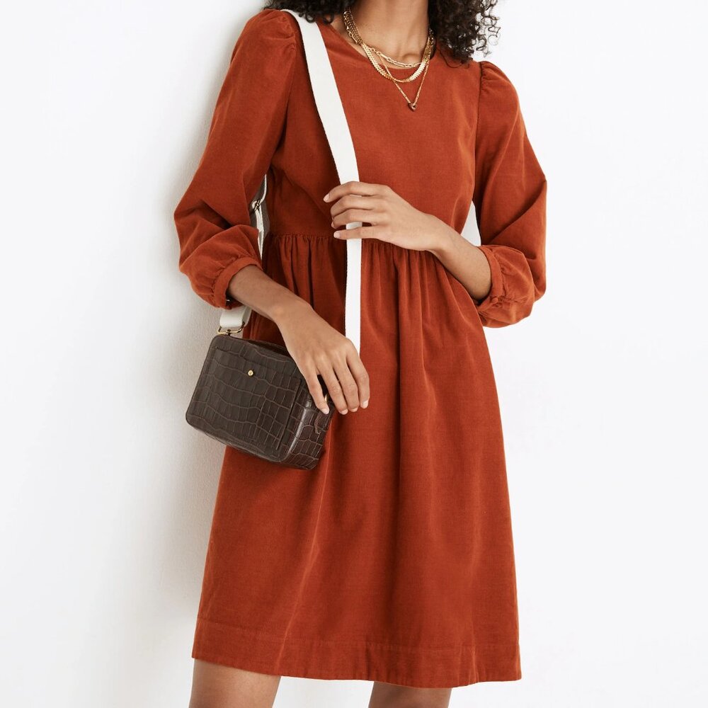 Madewell Corduroy Puff-Sleeve Mini Dress 90s Inspired Faded Rust Size Medium
